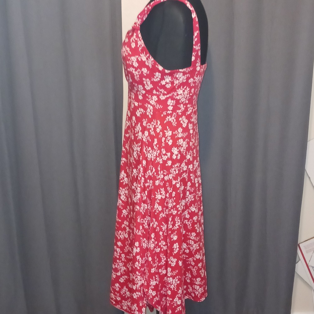 Red Floral Print Smocked Bodice Midi Tank Dress Asymmetrical Hankercheif Hem L - Picture 8 of 9
